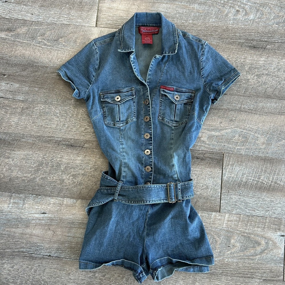 Hot Kiss Women's Blue Denim Romper M Short Sleeve Button Front Collared Stretch